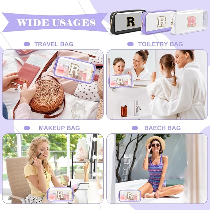 Personalized Initial Letter Clear Makeup Bag, Preppy Small Nylon&PVC Cosmetic Zipper Bag with Chenille Letter, Travel Skincare Toiletry Bag, Monogram Christmas Gift for Teen Girls Women, R