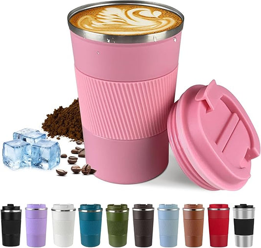 SPLMIFA Vacuum-Insulated Stainless Steel Travel Coffee Mug, Leak-Proof Reusable Coffee Cup with Lid - Keep Hot & Cold Drinks for Hours, Durable Insulated Tumbler for Men & Women(3rd-Pink, 12OZ)