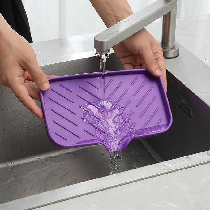 Silicone Bathroom Soap Dishes with Drain Spout - Bathroom and Kitchen Sink Organizer, Sponge Holder, Dish Soap Tray, Perfect for Dispenser, Scrubber, Bottle, Cup on Sink or Counter - Purple 9.6" × 5.3"