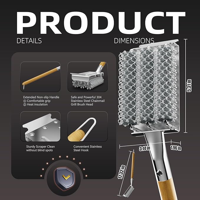 HOUSE AGAIN Grill Brush Bristle Free, Stainless Steel Food-Grade Brush Head with Scraper, Safe BBQ Outdoor Grill Cleaning Brush Barbecue Steam Grill Cleaner Non Wire for Grill Grate/Long Wood Handle