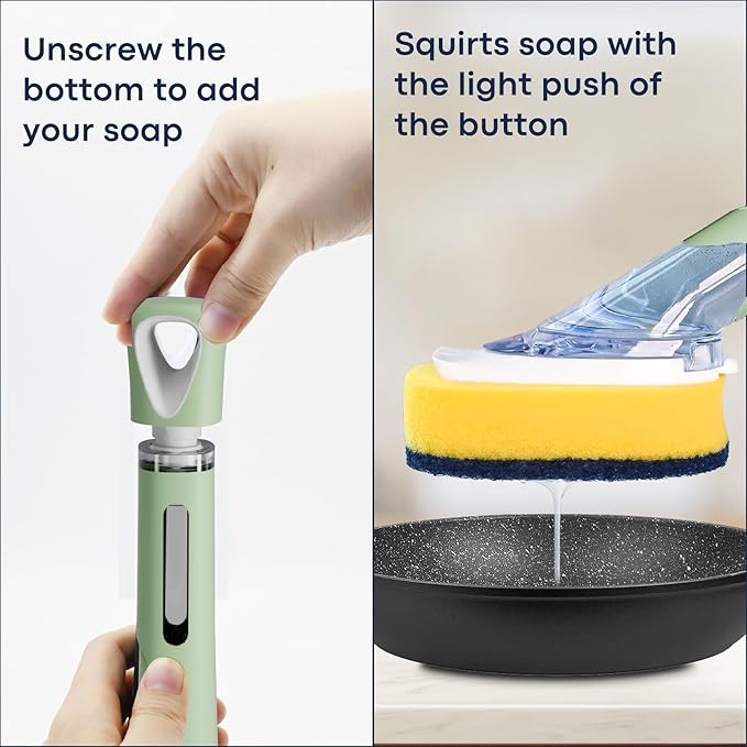 Dish Brush with Soap Dispenser Storage Set with 2 PCS Brush Refills & Holder, Dish Scrubber with Soap Dispenser, Dish Soap Brush, Dish Wand with Soap Dispenser for Dishes, Pans, Sink, Pots (Green)