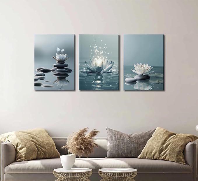 3Pcs Zen Stones Lotus Spa Canvas Wall Art White Lotus Blooming on Stones Painting Picture Wall Decor Modern Spiritual Poster Print Artwork for Yoga Meditation Spiritual Room Bathroom Home Decoration