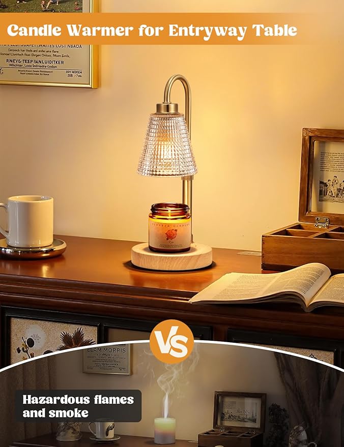 Innqoo Wood Color& Clear Candle Warmer Lamp with Timer, Dimmable Candle Warmer for Jar Candles, Height Adjustable Wax Melts Warmer, Birthday Gifts for Women Mom, House Warming Gifts New Home Decor
