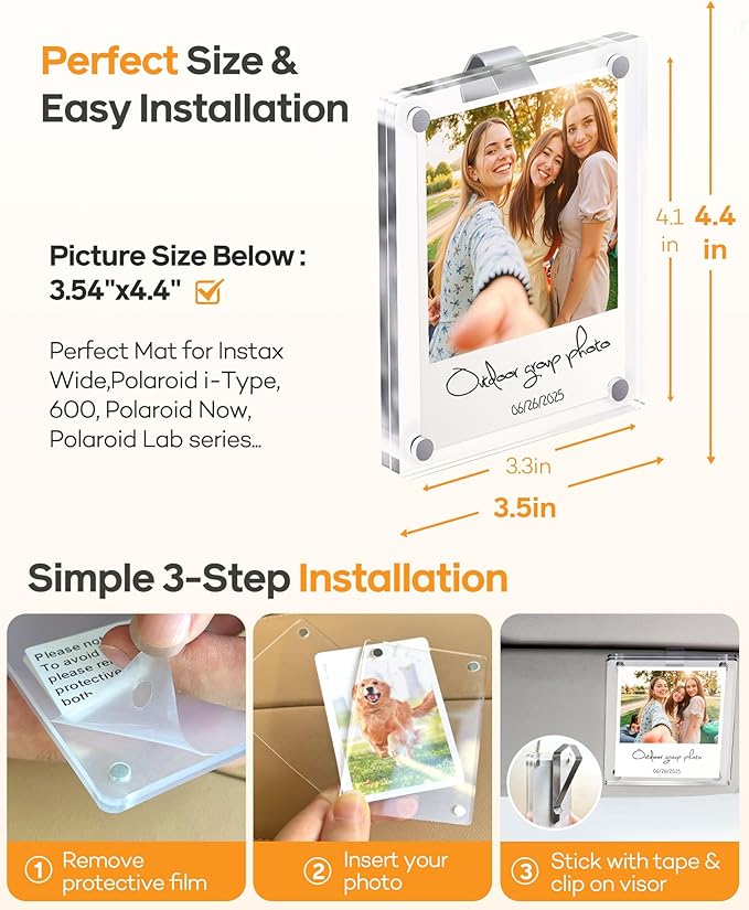 2Pcs Large Car Sun Visor Photo Clip – Magnetic 3.5"x 4.4" Acrylic Frame for Instax Wide& Polaroid i-Type Photos, Easy Clip-On Display for Car Interior,Car Auto Accessories Gifts for Family & Personal Photos Mother's Day,Father's Day