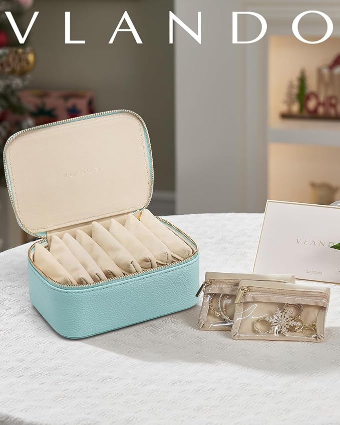 Vlando Jewelry Travel Case,Travel Jewelry Organizer with Clear Velvet Jewelry Bags 8Pcs Zipper Pouch for Women Girl GiftLake Blue