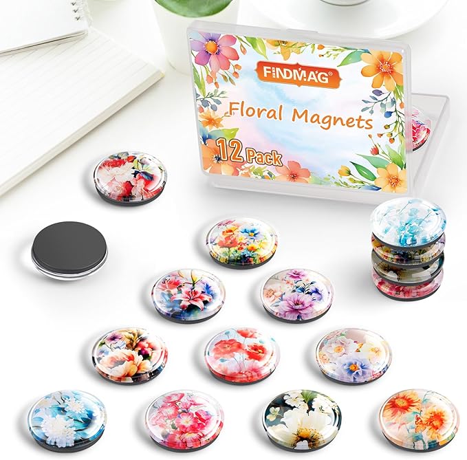 FINDMAG Refrigerator Magnets, 12 Pcs Glass Fridge Magnets for Festival, Flower Magnet for Fridge, Decorative Magnet Small Cute for Gift, Office, Home, Kitchen, Board, Locker, School