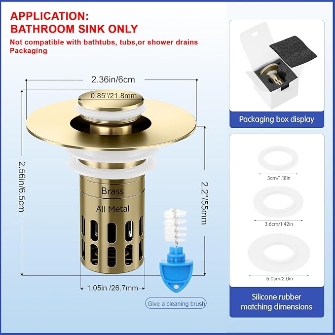 (All Metal) Bathroom Sink Stopper, Pop Up Drain for Bathroom Sink, Sink Stopper Hair Catcher, Silent Popper Core w/Removable Stainless Steel Filter Basket, Sink Drain Plug Fit for 1.05~2.0'' Basin