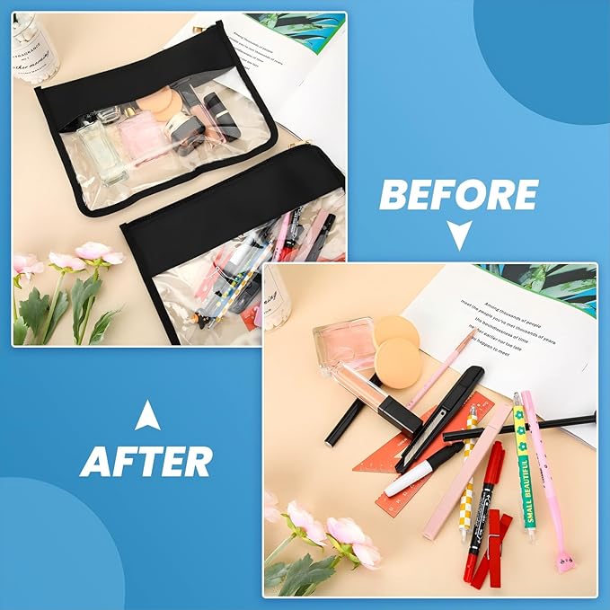 Teling 8 Pieces Clear Makeup Bags DIY Chenille Letter Pouch Clear Zipper Pouches Travel PVC Oxford Cloth Cosmetic Portable Waterproof Makeup Storage Bag Toiletry Snack Organizer for Women Girls, Black