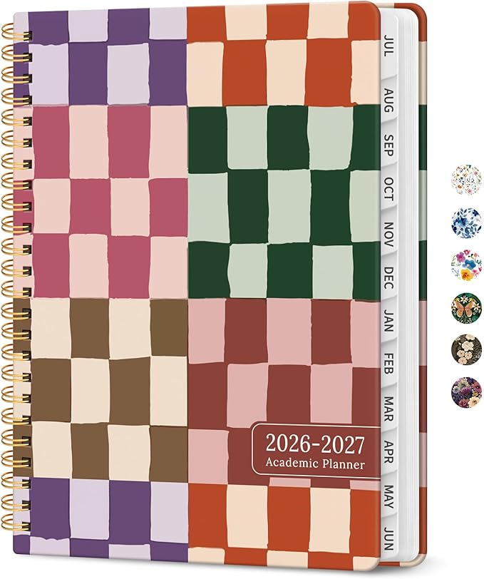 Planner 2026-2027, Academic Year Monthly and Weekly Calendar Planner, Jul 2026 - Jun 2027, Hardcover Teacher Student Planning Agenda book with Tabs, Perfect for School Office Supplies, 6.3" x 8.5" - Checkered
