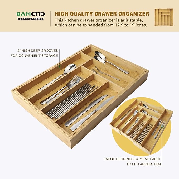 Expandable Bamboo Kitchen Drawer Organizer – Silverware Organizer, Utensil Holder & Cutlery Tray Drawer Dividers for Flatware (20"x16.9" Large Size, 8 Slot, Natural)