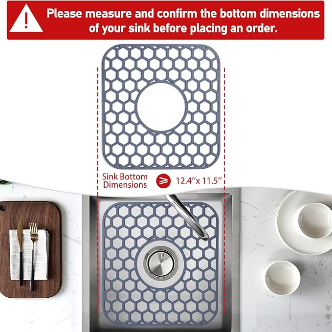 Silicone Sink Protectors for Kitchen Sink with Center Drain - 12" x 11" Kitchen Grid Accessory, Non-Slip Heat-Resistant Mat for Bottom of Porcelain Stainless Steel, Dishwasher Safe