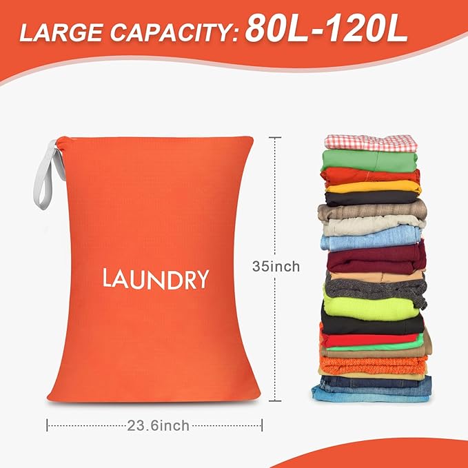 WiseBoy Laundry Bag, 23.6x35 inch Oversized Laundry Bags, Travel Laundry Bag Dirty Clothes Organizer, Nylon Wet Dry Storage Bag for College Dorm, Camping, Caravan, Orange