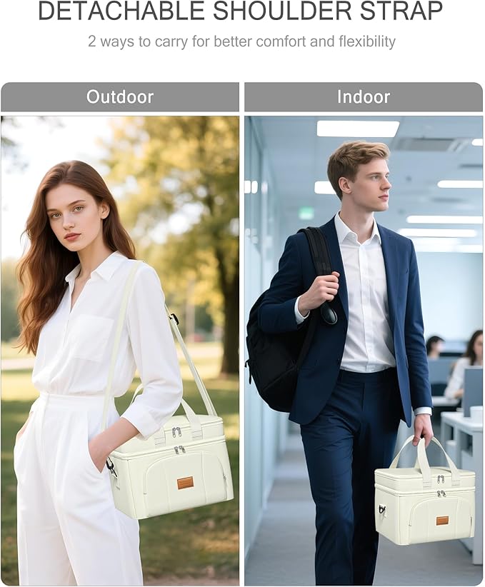 Rnivvi Lunch Box for Women, Double Decker Insulated Cooler Bag Lunch Bag Reusable Leakproof Tote Lunch Container with Strap for Work Family Picnic Hiking Camping, 18 Cans 12L, Large Adults, White