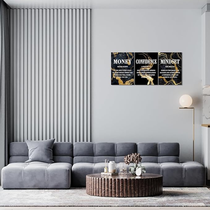 KAWAHONE- Money Never Sleeps, Motivational Canvas Wall Art,Inspirational Poster, Confidence Mindset Wall Decor Framed Inspirational Entrepreneurs Painting Prints Quotes Poster for Office Workplace Ready to Hang