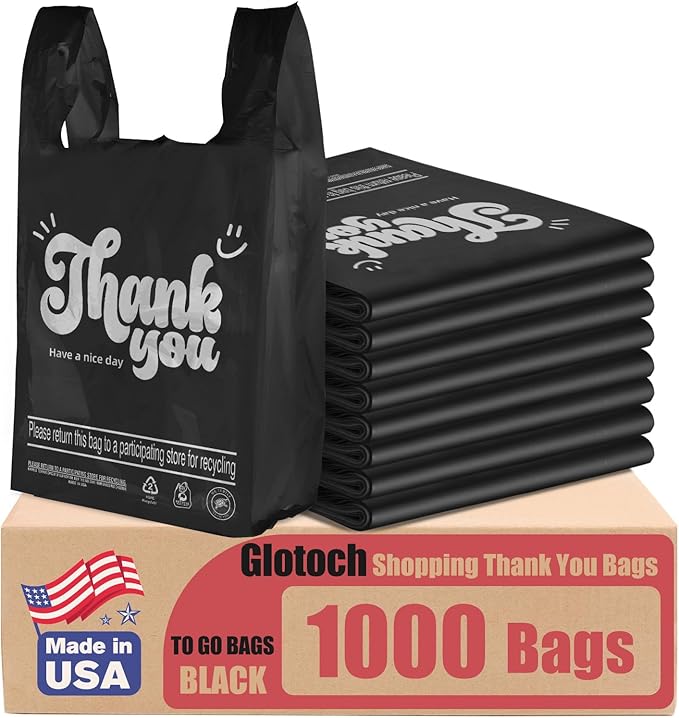 Glotoch 1000 Count Plastic Thank You T-shirt Bags Black, 11.5" x 6.5" x 21" Grocery Bags with Handles for Restaurant, Retail, Grocery Store, Takeout, Convenience Stores, Shopping Bag in Bulk