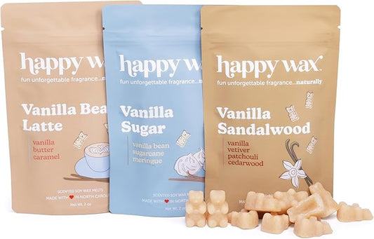 Happy Wax Vanilla Lovers Scented Natural Soy Wax Melts – 6 Oz Total - Includes: VanillaBeanLatte, VanillaSugar and VanillaSandalwood