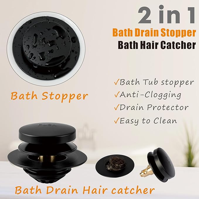 Artiwell Tub Drain, 2 in 1 Pop-up Bathtub Plug with Hair Catcher, Easy Installation Bath Drain Stopper with Strainer, MATT Black