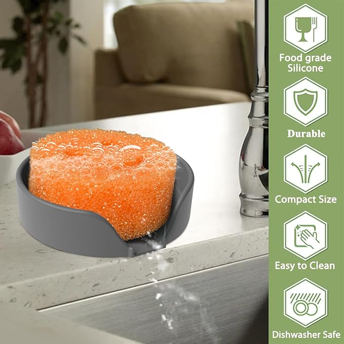Sponge Holder for Scrub Daddy with Suction Cups and Drain Spout Kitchen Sink Caddy Organizer, Soap Dishes Holder Accessories Rack, Dishwasher Safe - 4.7"x4.7", Dark Gray