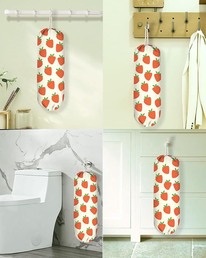 Kokaaee Plastic Bag Holder, Grocery Bag Organizer - 1 Pack Cute Kitchen Dispenser Holders Reusable Shopping Western Hanging Wall with Adjustment Drawstring Closure for Women Home, Strawberry