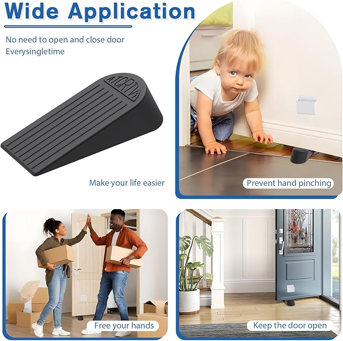 Rubber Small Door Stopper Wedge – 2 Pack Black Door Stoppers Wedge for Bottom Doorstop,Door Stop for Heavy Duty Doors with Self Adhesive Holder Ideal for Homes, Schools, Offices, Workshops