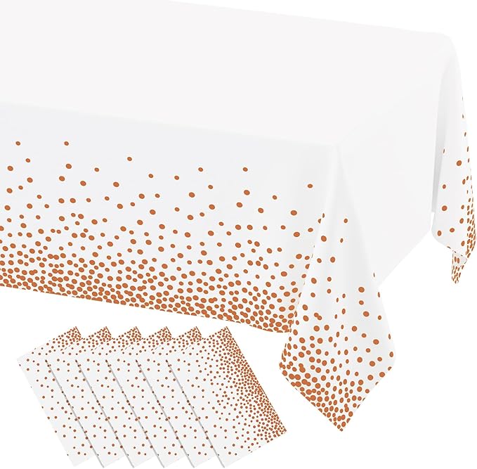misaya 6 Packs Dot Disposable Table Cloth, 54 x 108 Inch Waterproof Plastic Tablecloth, Rectangle Rose Gold Dots in White Table Covers for Picnic, Birthday, Party