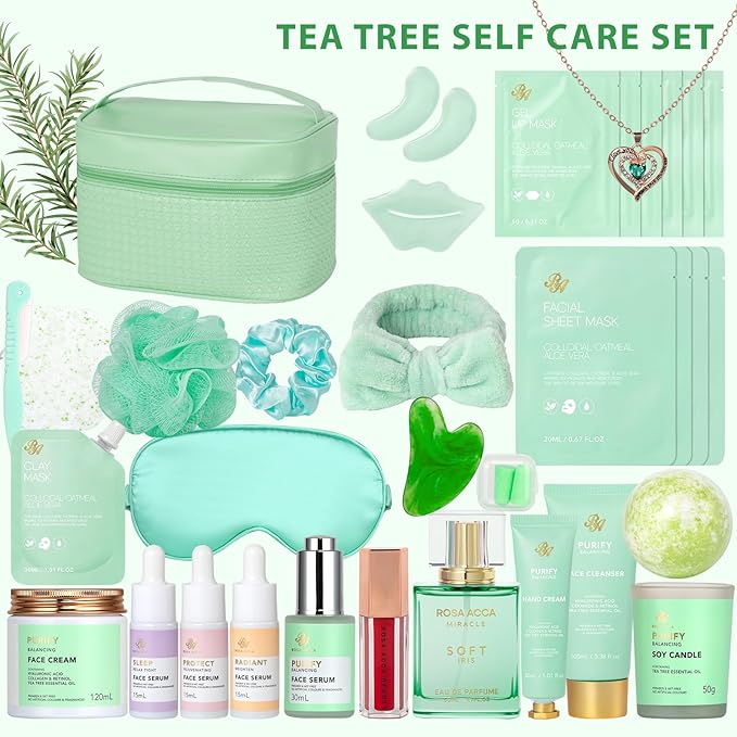 Tea Tree Women Collagen Face Sheet Mask Skin Care Gift, 33 Pcs Self-Care Relaxation Set, Under Eye Patch, Necklace, Lip Gloss, Bath and Body Kit, Face Serum, Christmas, Mother Day, Birthday Present