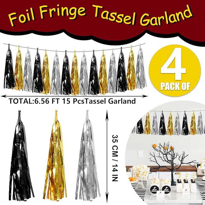4P Black Gold Silver Foil Fringe Tassel Garland Banner Metallic Tinsel Streamers Wall Hanging Curtain Backdrop Banner for Parade Floats, 2025 Graduation Decorations, New Year's Decorations, Father's Day