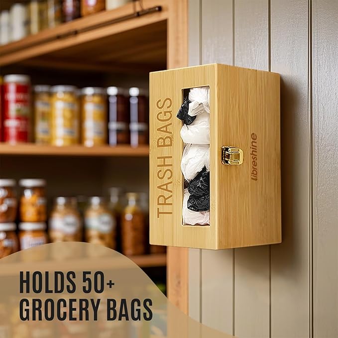 Libreshine Bamboo Garbage Bag Holder, Multi-Mount Space-Saving Trash Bag Organizer for Kitchen, Pantry, Holds 8-33 Gallon Rolls & 50+ Grocery Bags, Under-Sink/Wall-Mounted/Cabinet Storage