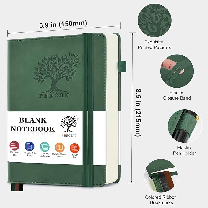 Blank Journal Ntebook for Men & Women, 160 Pages Blank Journals for Writing, Drawing,Sketch Book,5.9" x 8.5" Leather Sketchbook, Unlined Notebook for Work, School, Art - Green