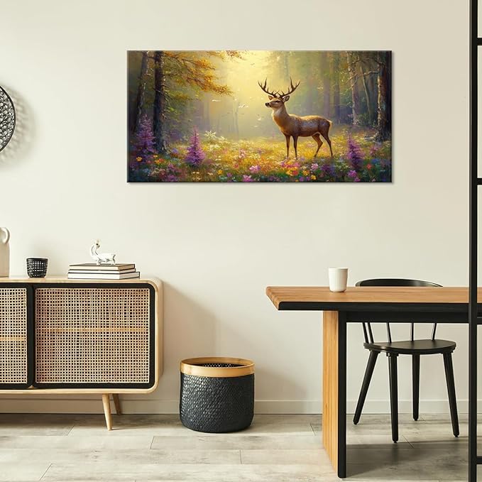 ZESTRILIA Pretty Deer Forest Wall Art for Living Room Office Gold Mustard Yellow Wildlife Wildflower Canvas Painting Prints Spring Wild Life Artwork Girls Bedroom Decor (30x16 Inches)