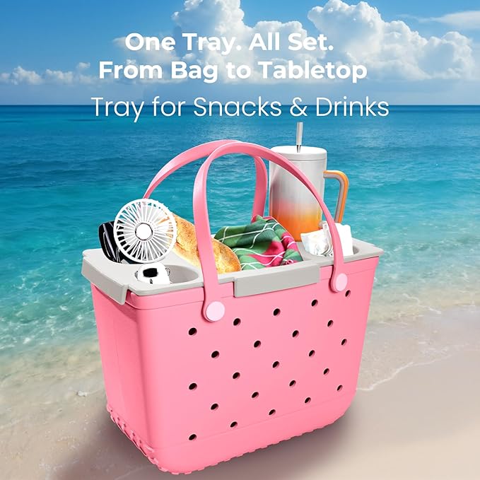 Tote Topper Tray Accessories for Bogg Bag Large Only – Waterproof EVA Table Top Organizer Lid with Cup Holder, Snack, Phone & Drink Holders for Beach, Pool, Picnic, Travel (White)