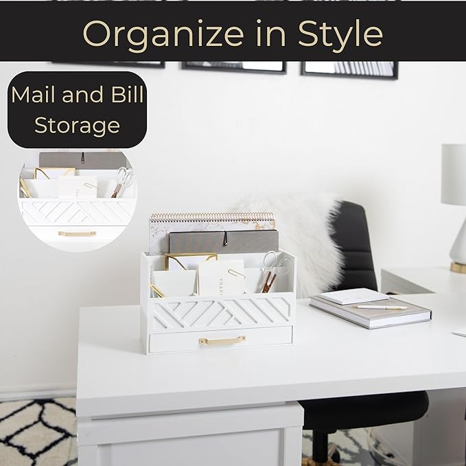BLU MONACO | White Wooden Desk Organizer & Mail Organizer with Drawer & Gold Handle | Mail Sorter Countertop | 6 Compartments | White Desktop Organizer for Desk