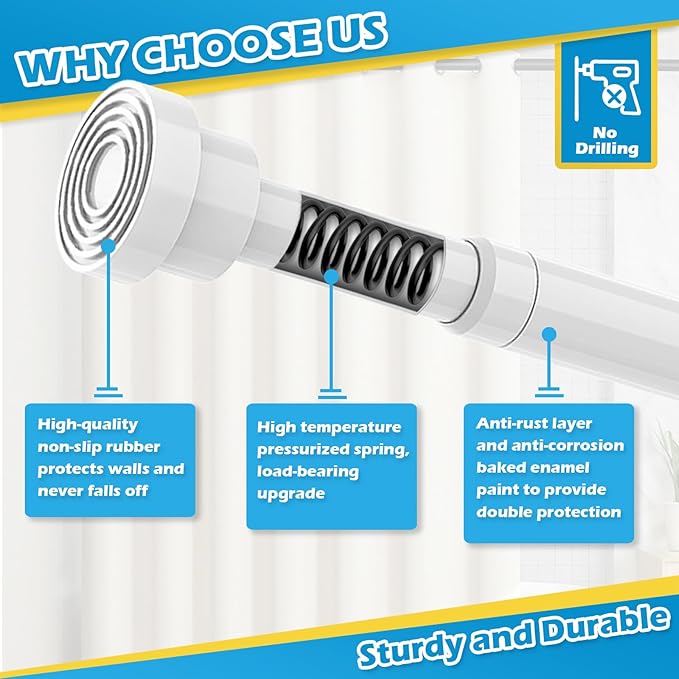 Spring Curtain Rod 33 to 56 Inch Adjustable White Curtain Rod No Drilling Non-Slip Expandable Tension Rod for Window, Doorway, Closet, Door, Wardrobe