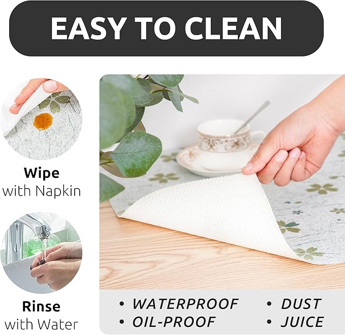 RAY STAR 12X120 Inch Shelf Liner for Kitchen Cabinets, Non-Adhesive Washable Cabinet Liner, Non-Slip PVC Drawer Liner for Dresser Bathroom (Green-Floral)(4 Rolls)