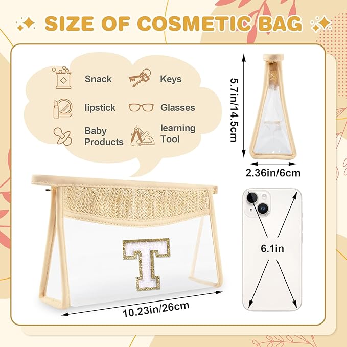 Personalized Initial Letter Bag Boho Straw Clear Makeup Bag, Small Cute Chenille Varsity Letter Bag With Zipper, Beach Travel Toiletry Bag, Portable Monogrammed Cosmetic Bag for Women Girls, T