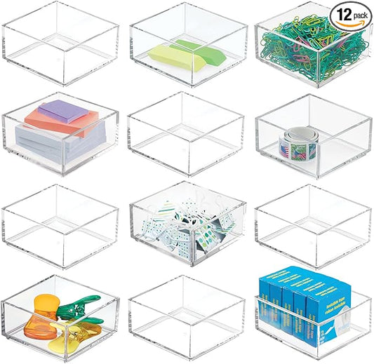 mDesign Plastic Square Desk Organizer - Create Section for Home Office Drawers, Desktop - Holds Pens, Paper Clips, Notebooks and Other Office Supply Accessory - Lumiere Collection - 12 Pack, Clear