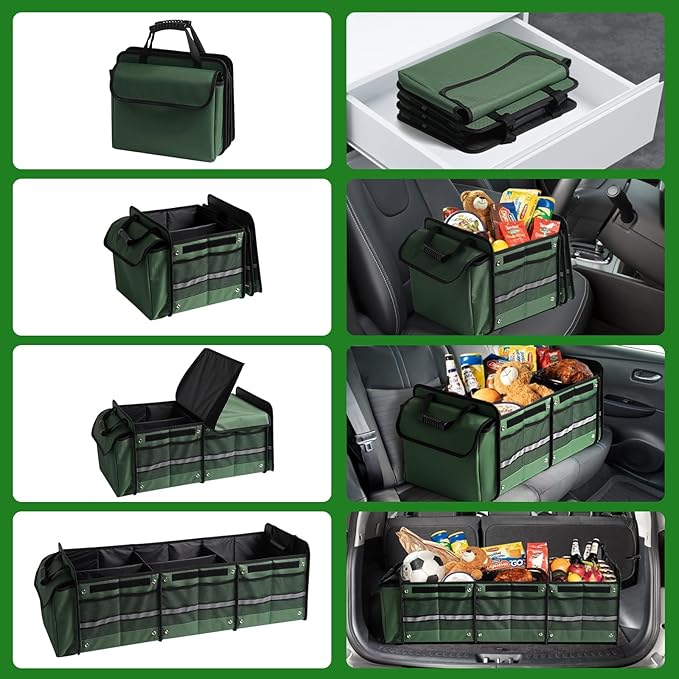 Snuopfy Car Trunk Organizer, 115L Heavy Duty Collapsible Trunk Storage, with Insulated Leakproof Cooler Bag Vehicle Cargo Organizer with Lid, 3 Compartments, Straps For Car, SUV, Jeep, Sedan - Green