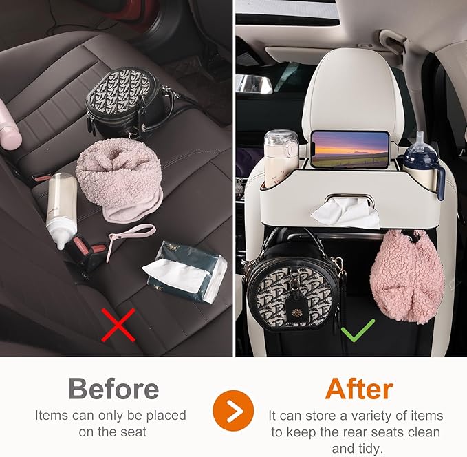 Sancaral Car Rear Backseat Extra Multifunctional Drink Cup Holder Organizers with Tissue Storage Box Organizer & Hooks for Car Seat Back. White