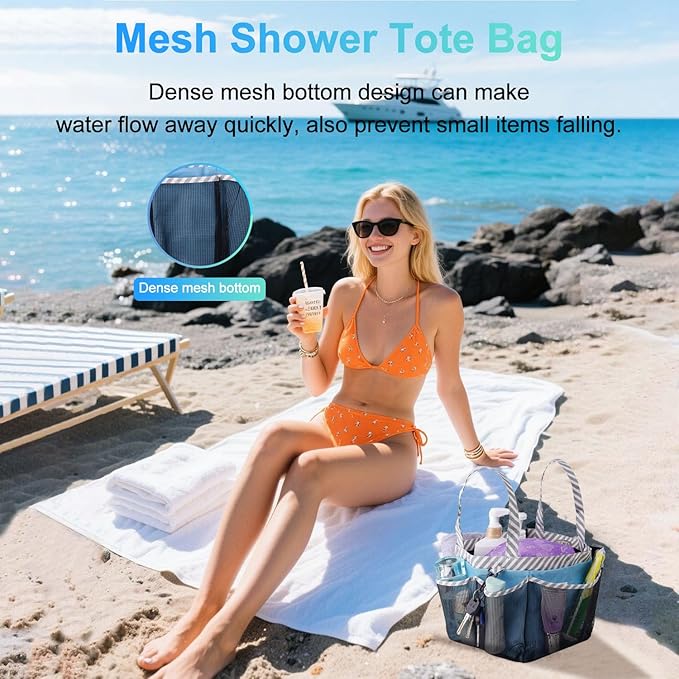 Haundry Mesh Shower Caddy Portable for College Dorm Room Essentials, Shower Caddy Tote with 8 Pockets Large Capacity, Shower Bag for Beach, Swimming, Gym, Light Blue