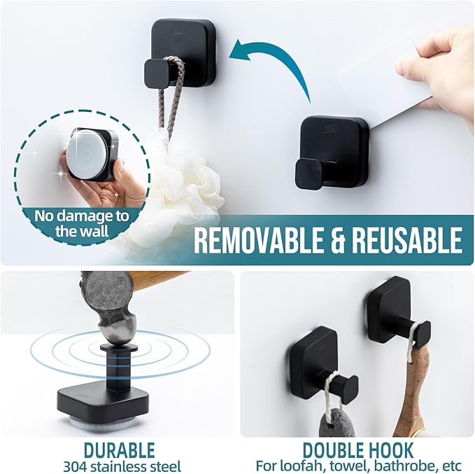 TAILI 304 Stainless Steel Bathroom Suction Hook for Towel, Loofah, Bathrobe, Patented Strong Suction Cup, Damage-Free Hanging Glass Shower Wall Hook, Hold Up to 11 Lbs, 2 Pack, Modern Square, Black