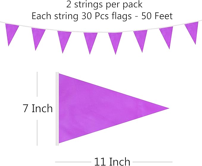 100 Feet Purple Pennant Banner Flags, 60 Pcs DIY Flag for Birthday, Party, Shops, Outdoor and Indoor Decorations, Festival Celebration (Purple)