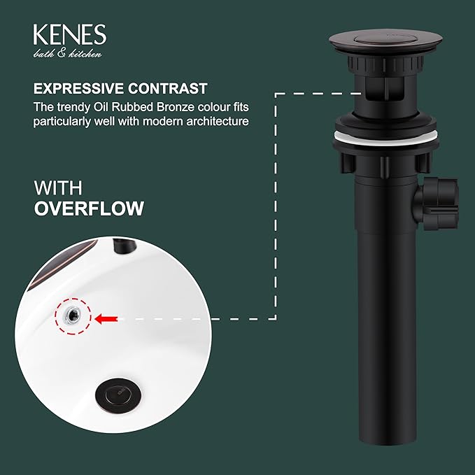 KENES Oil Rubbed Bronze Bathroom Sink Drain Assembly with Lift Rod, Bathroom Sink Drain with Overflow, Lavatory Pop Up Drain Stopper for Bathroom Vanity Sink, LJ-P701-8