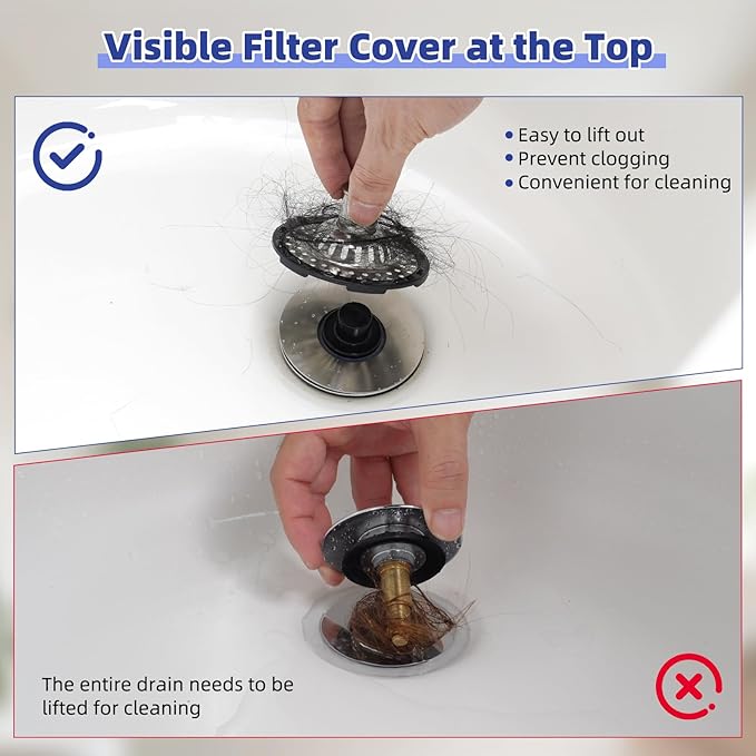 Metal 2 Pack Bathtub Drain Stopper with Top Hair Catcher, 3 in 1 Pop-up Bathtub Strainer, Tub Stopper with Detachable Stainless Steel Filter Basket for Standard 1.5 to 2.4'' Drain, Brushed Nickel