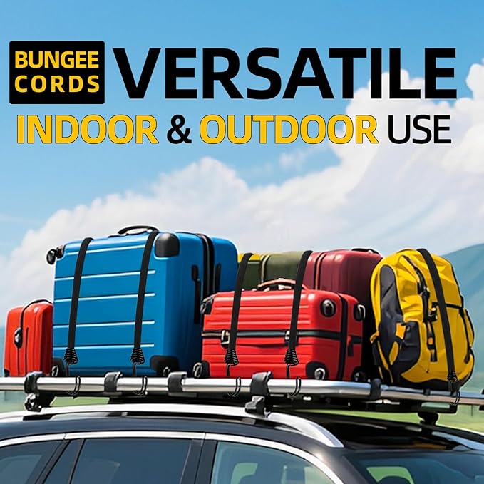 Bungee Cords with Hooks Heavy Duty, Flat Extra Strong Outdoor Bungee Straps, Secure Load Distribution Industrial Grade Bungee Rope for Securing Luggage, Tarps, Tents (Black, 36inch6pcs + 72inch2pcs)
