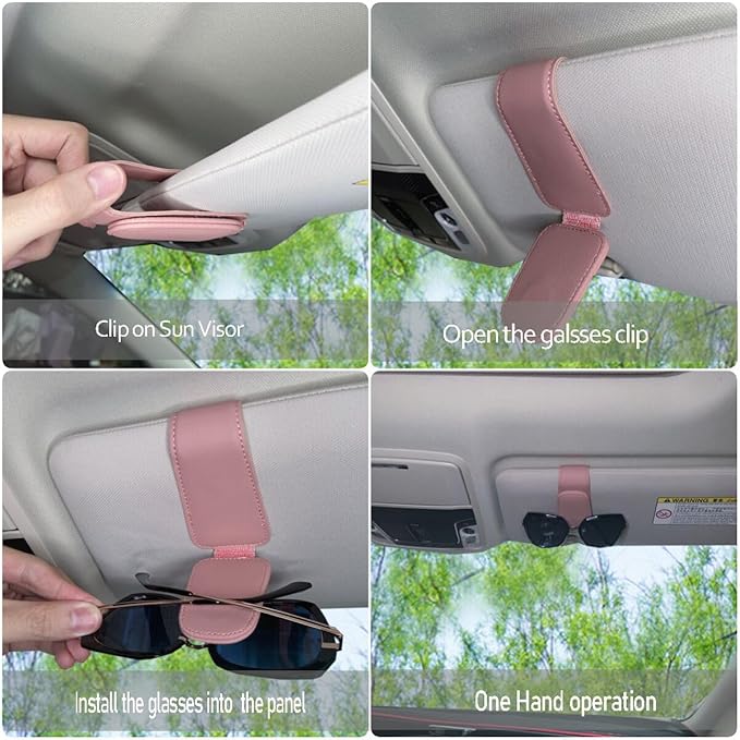 Magnetic Leather Sunglass Holder for Car, Sunglasses Clip for Car Visor, Auto Interior Accessories Universal for Different Size Eyeglasses(Pink)