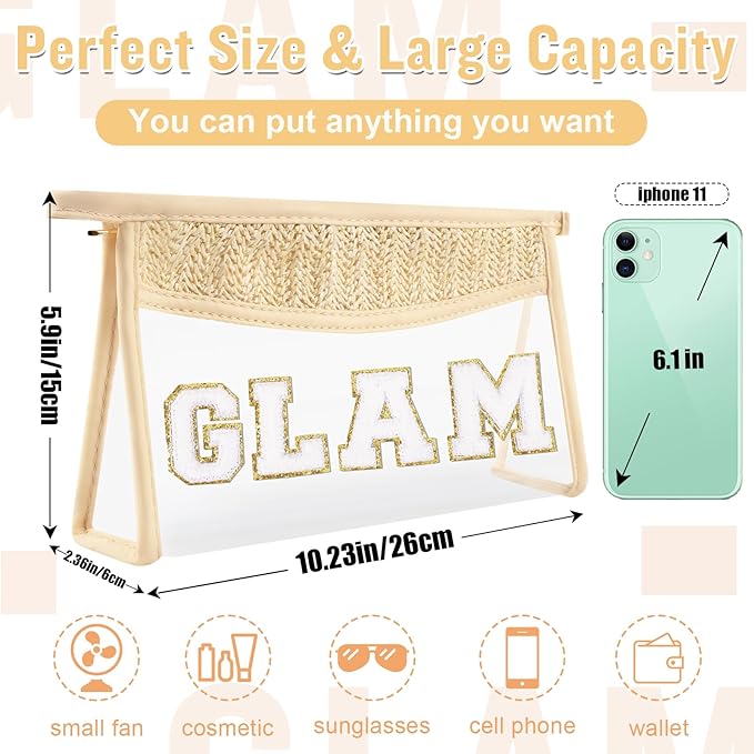Boho Clear Makeup Letter Patch Makeup Bag GLAM Pouch, Clear Toiletry Bags Travel Small Cute Chenille Letter Cosmetic Zipper Pouch Purse, Transparent PVC Waterproof Make Up Storage for Women Girl (GLAM)