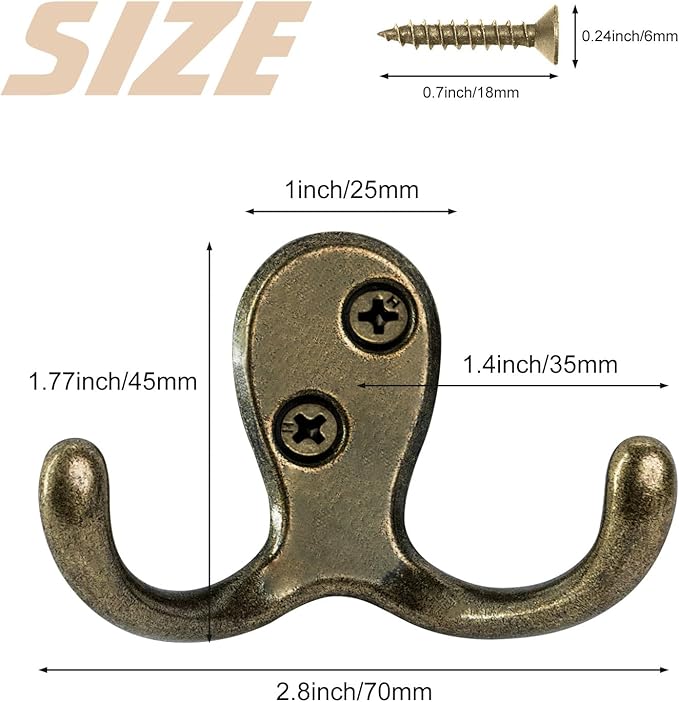 14 Pack Coat Hooks, Heavy Duty Double Prong Coat Hooks Wall Mounted with 28 Screws, No Rust Antique Brass Metal Wall Hooks for Hanging Towel, Coat, Bag, Hat, Cup, Key