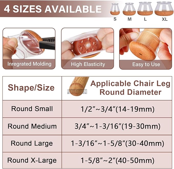 Chair Leg Floor Protectors, Round Chair Leg Protectors for Hardwood Floors, Silicone Caps, Felt Furniture Pads, Covers, Anti-Scratch, Reduce Noise, 16 Pack, Clear Round X-Large, Fit 1-5/8" to 2" (40-50mm)