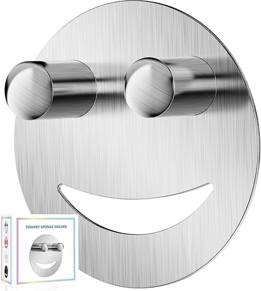 Yoshiky Stainless Steel Smiley Face Dish Sponge Holder, Silver Sink Caddy Organizer Storage with Suction Cup for Kitchen, Kitchen Sink Accessories Decor Scrubber Holder with Gift Box
