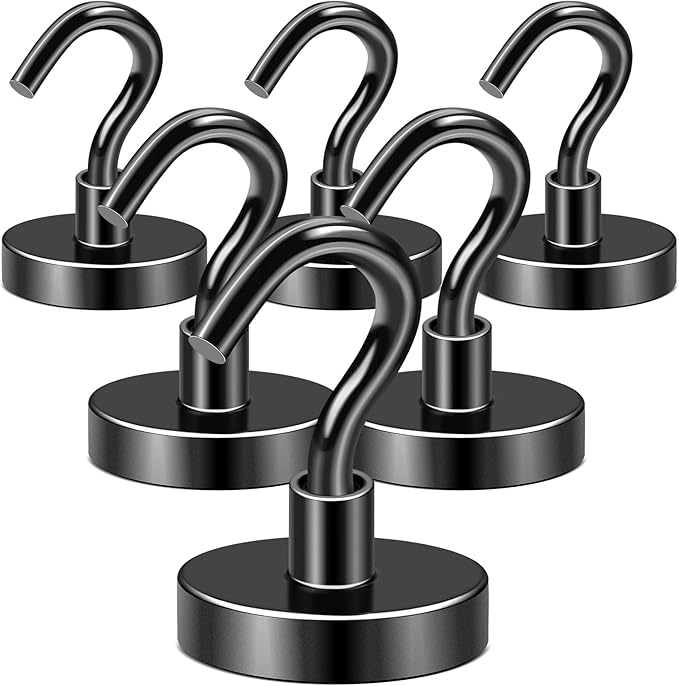 DIYMAG Black Magnetic Hooks, 120 LB Heavy Duty Strong Magnet with Hook, Rare Earth Neodymium Magnetics for Hanging, Magnetism Hanger for Curtain, Home, Kitchen, Workplace, 6 Packs